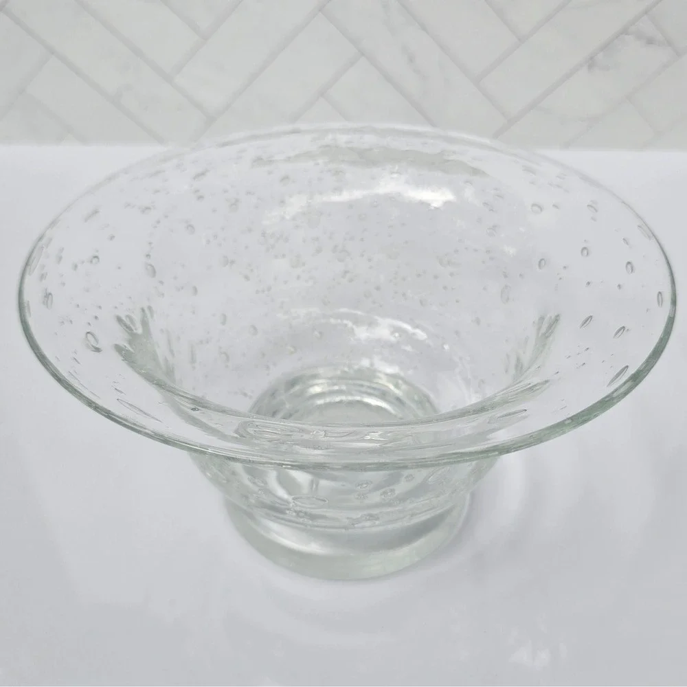 Hand Blown Clear Controlled Bubble Glass Pedestal Bowl Flared Centerpiece MCM